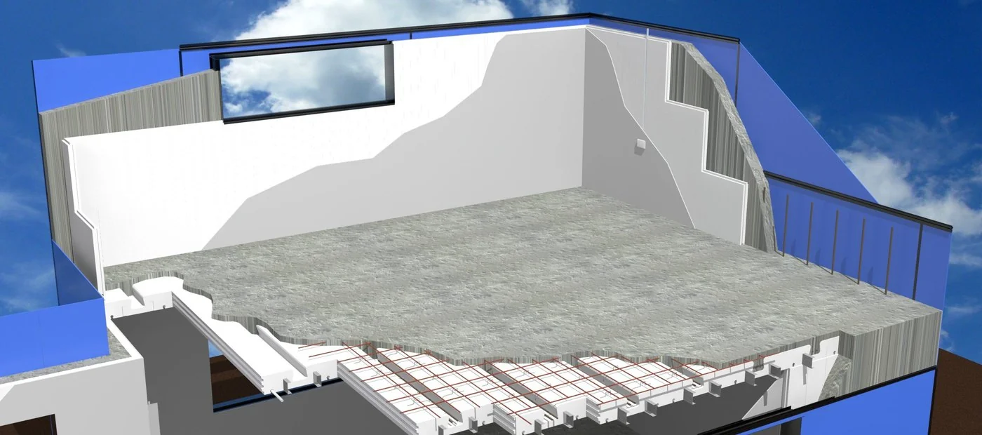 FormDeck insulated suspended slab — whole-slab render showing T-beam ribs and FormPro wall integration