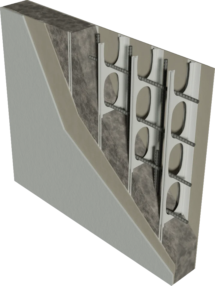 FastForm TT162 panel cutaway — concrete core with steel reinforcement between fibre-cement faces