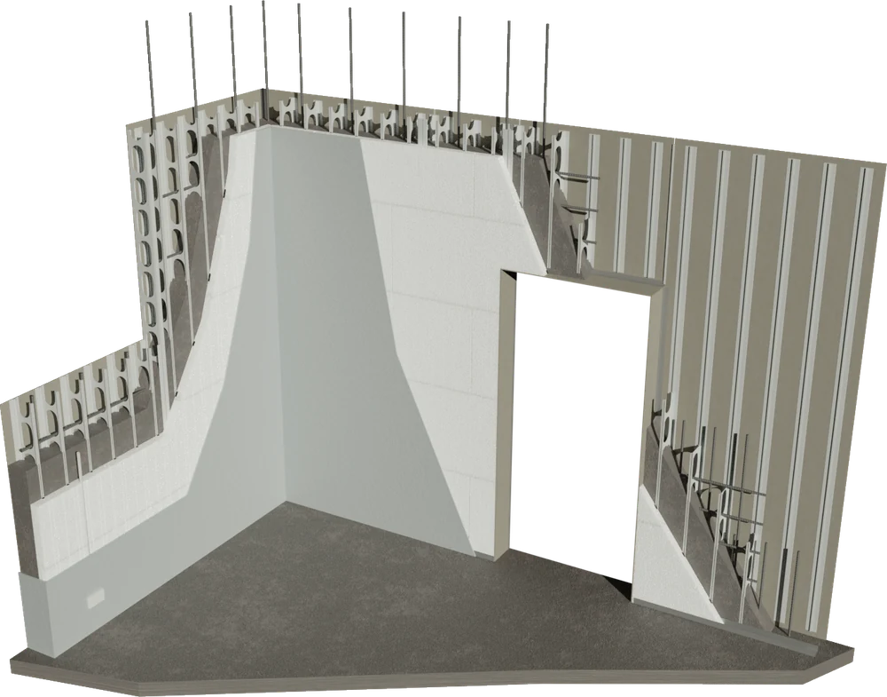FastForm wall corner assembly — fibre-cement faces, PVC connectors and steel reinforcement ready for the concrete pour