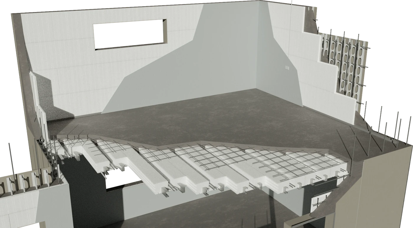 FormDeck insulated suspended slab — EPS T-beam ribs with reinforcement mesh, integrated with FormPro ICF walls
