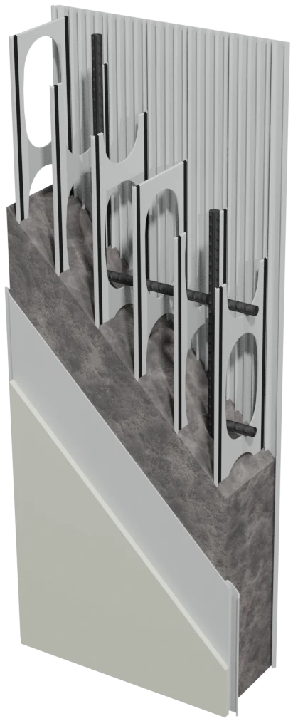 PVC formwork wall section showing concrete core and reinforcement